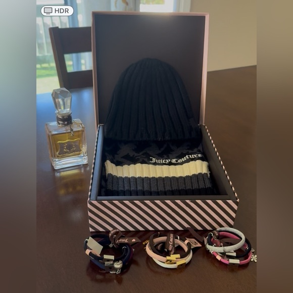 New Juicy Couture Beanie & Scarf Set, 3.4 oz Perfume, 3 sets of Bracelets - Picture 1 of 10